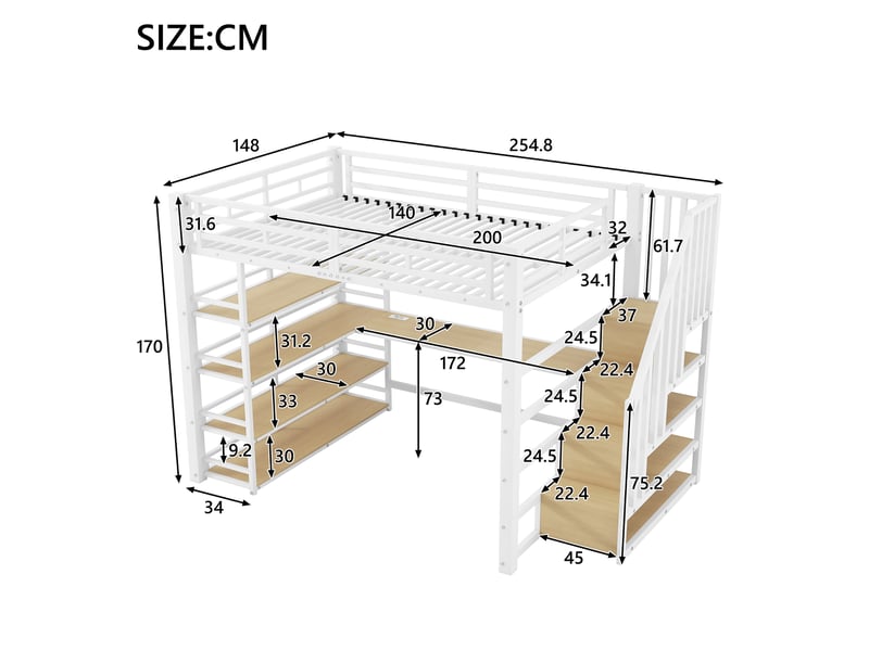 Lit mezzanine 140 × 200 cm 2 places avec bureau, led, usb et étagères, sans matelas, en métal et mdf, blanc - Conforama D