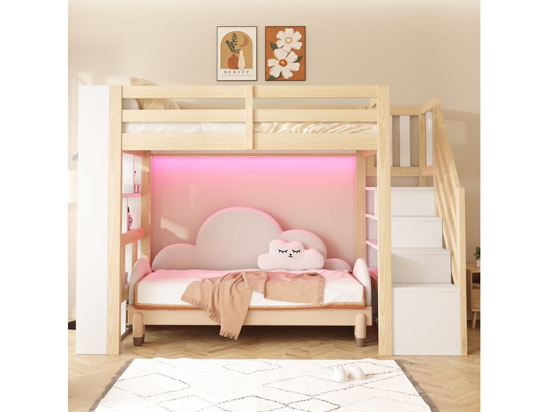 Lit mezzanine 90x200 cm blanc et coloris bois naturel avec rangements et led - Conforama D