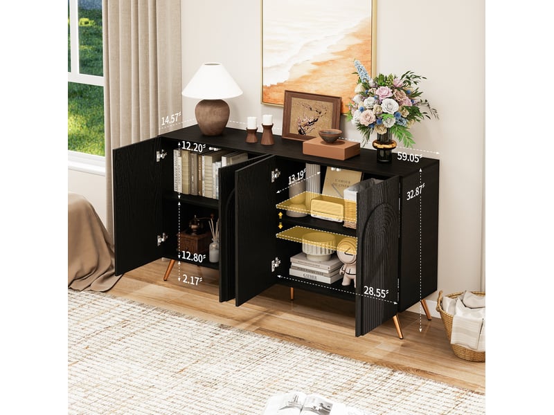  Buffet bas 150x38x83 cm noir, 4 portes et étagères réglables  - Conforama B
