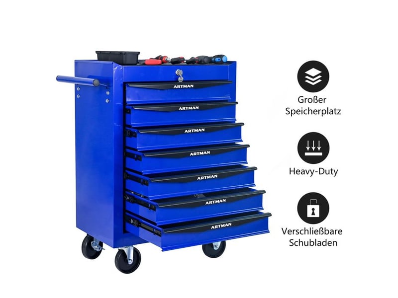  Boîte à outils à 7 tiroirs - noir &amp; bleu - acier - 24.6 kg - roues pivotantes - verrouillage à clé 52.4x33x65.6cm - Conforama C