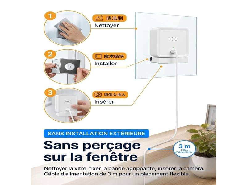 Caméra de surveillance intérieure pour fenêtre 3mp wifi double bande 2,45 ghz – caméra connectée anti-reflet sans perçage avec détection de mouvement et vision à travers vitre - Conforama B