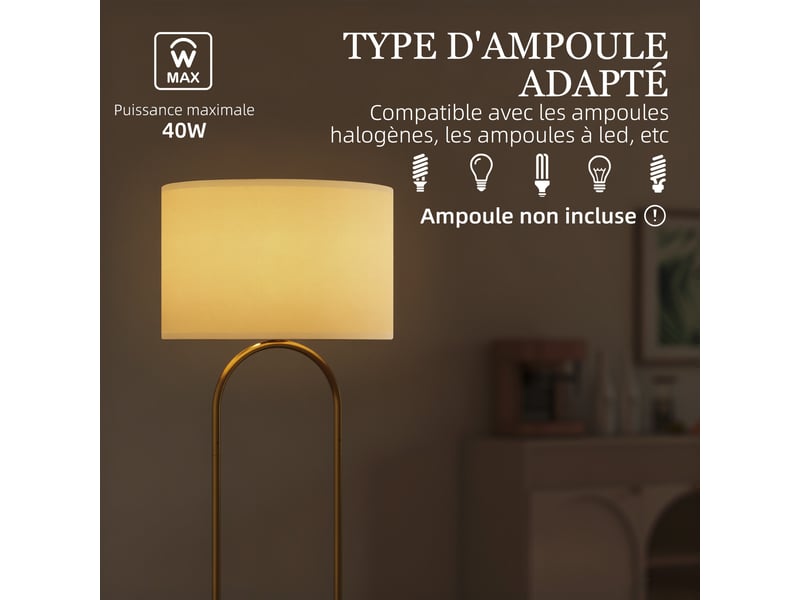  Lampadaire abat-jour en lin douille e27 style interrupteur moderne à pied pour salon et chambre 156 cm doré et noir  - Conforama W