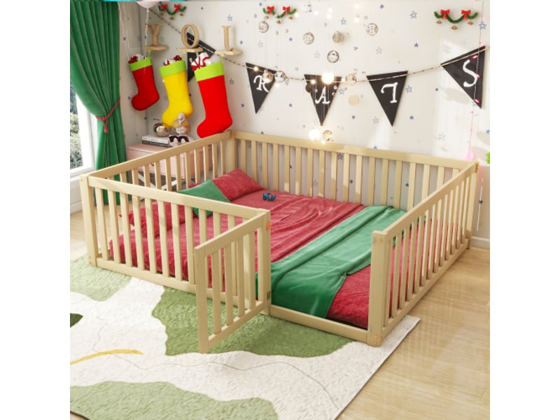 Lit enfant 140x200 cm, avec barrière et porte ouvrante, sans lattes, en bois, naturel, matelas non inclus - Conforama B