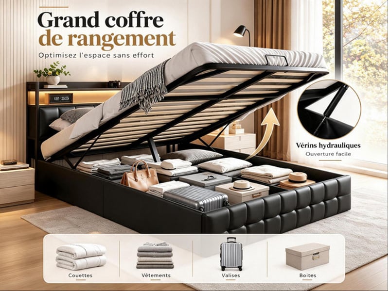  Lit coffre 140x190 cm ezssw, coloris noir  - Conforama E