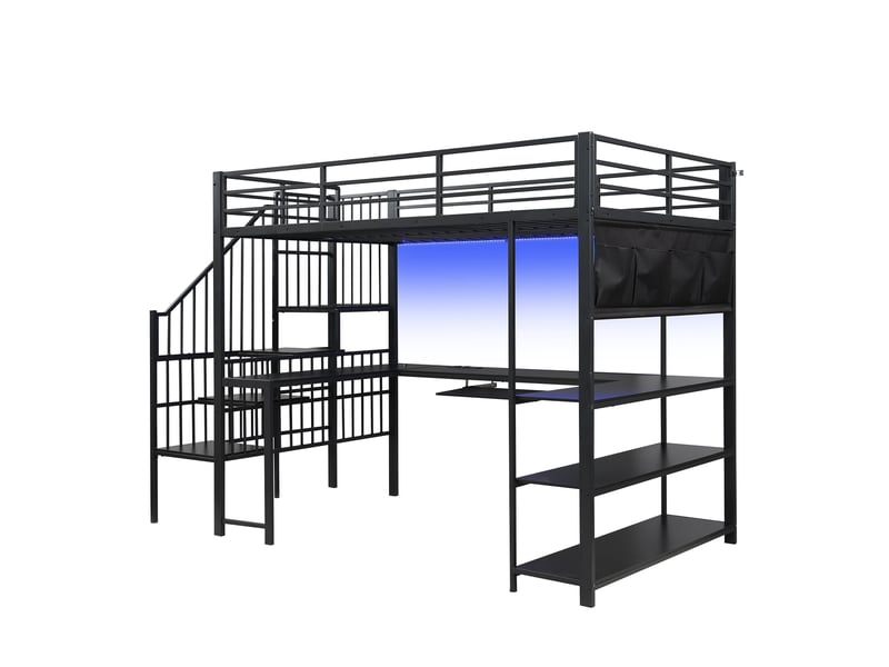  Lit mezzanine gaming adulte 120x200 cm noir métal et mdf, bureau en u, escalier, led, prise eu et rangements  - Conforama A