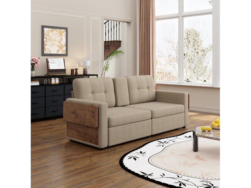 Canape droit 2 places 178x71x57,5 cm avec rangements et table réglable, 2 tiroirs, couleur kaki, moderne - Conforama E