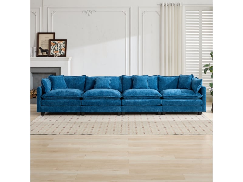  Canapé modulable 4 places cloud bleu en tissu chenille, assise double coussin confortable  - Conforama B