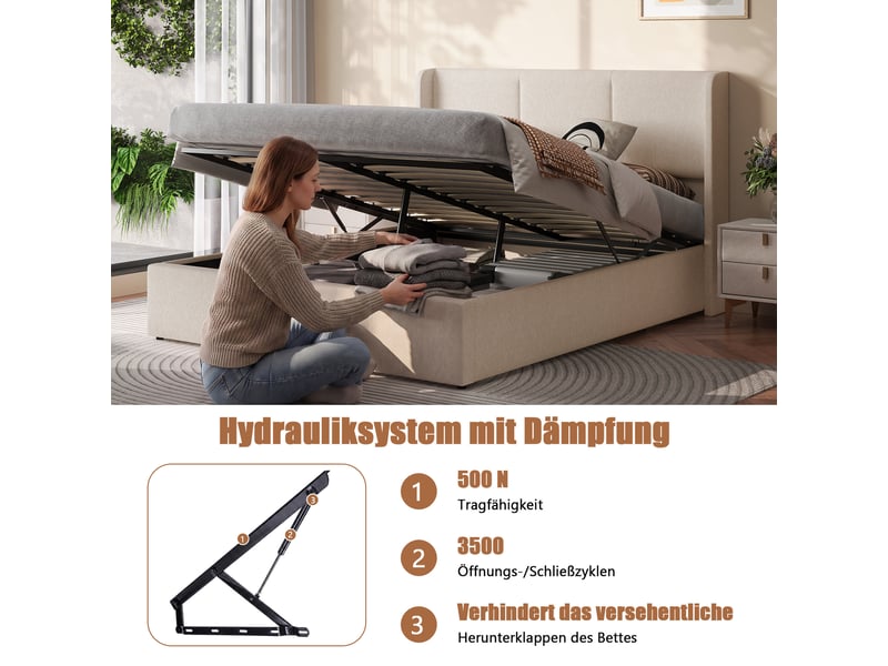  Lit coffre 160x200 cm en tissu doux beige clair avec tête de lit à 3 niches, coffre hydraulique et cadre en bois massif silencieux.  - Conforama D