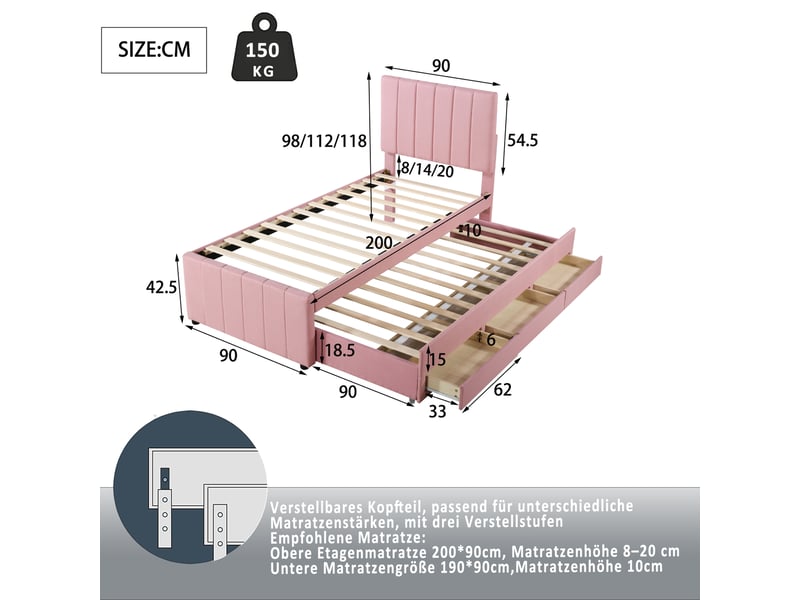  Lit enfant 90x190 cm - lit gigogne avec usb - 2 tiroirs - bois massif - contemporain  - Conforama C