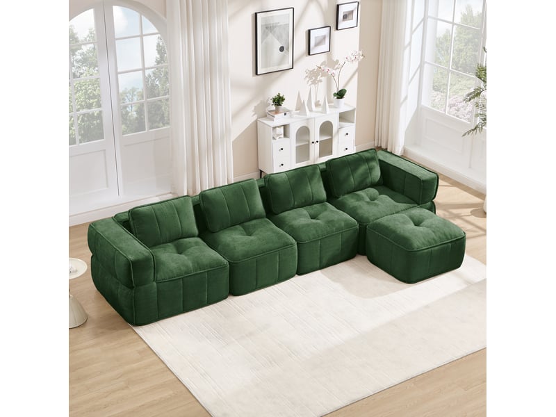 Canapé d'angle modulable 4 places avec pouf, tissu polyester vert, 344 x 162 cm - Conforama E