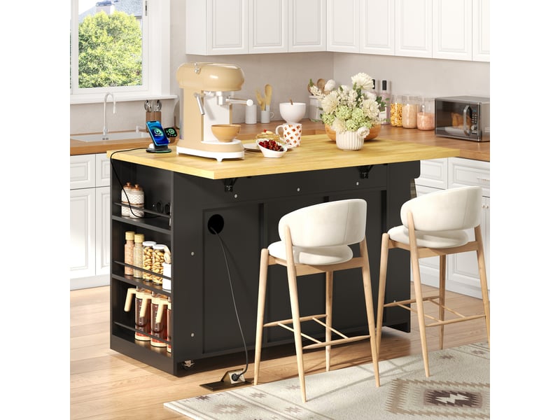 Îlot de cuisine mobile 130x50(80) cm avec espace de rangement, plateau rabattable, prises usb, 3 tiroirs, étagères latérales, roulettes - noir et bois - Conforama B
