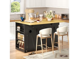 Îlot de cuisine mobile 130x50(80) cm avec espace de rangement, plateau rabattable, prises usb, 3 tiroirs, étagères latérales, roulettes - noir et bois