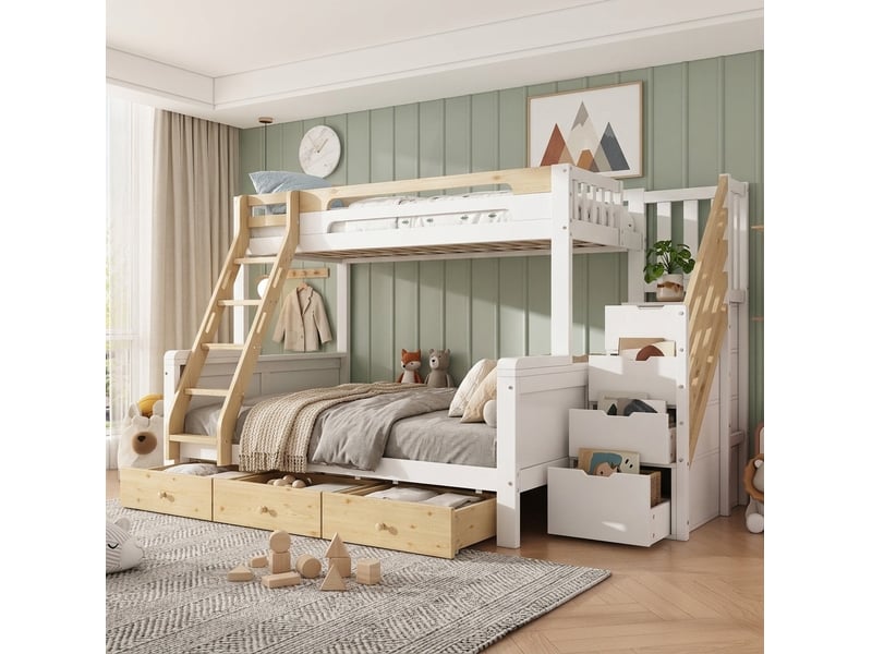  Lit superposé enfant 90 x 200 140 x 200 cm blanc et naturel avec escalier de rangement  - Conforama C