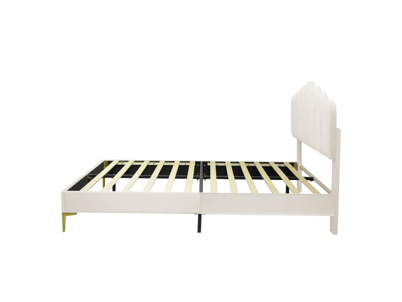 Lit double 140x200 cm en velours beige, tête de lit réglable et sommier à lattes  - Conforama E
