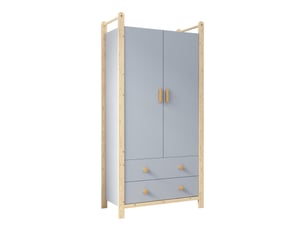 Armoire-penderie bleue en pin – 2 portes, 2 tiroirs, tringle – cadre en pin 90×45×180 cm