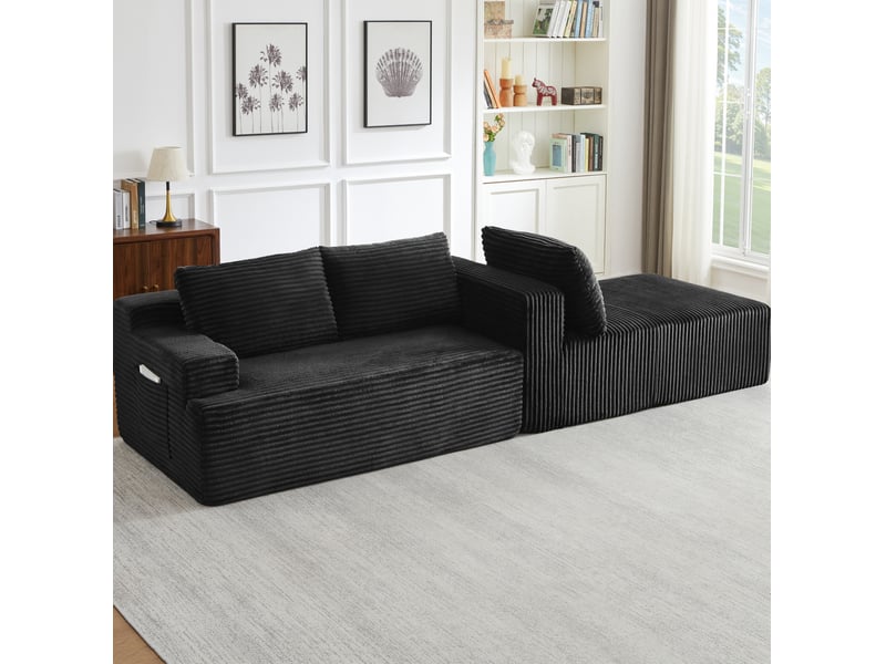  Canapé d'angle compressé en l 238x152x66 cm modulable 3 places, mousse et velours côtelé couleur noir, moderne  - Conforama E