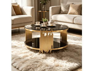 Table basse ronde de salon noir avec double plateau en verre trempé, structure dorée, rangement 80 x 80 x 45 cm