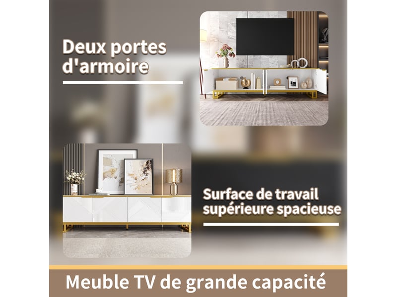  Meuble tv blanc et or 160 cm 4 portes - design géométrique mdf métal  - Conforama D