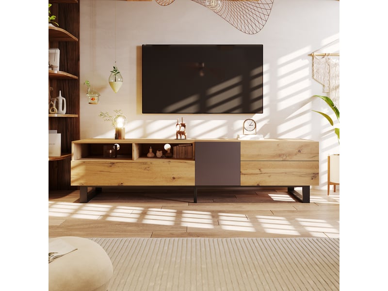  Meuble tv 180 cm moderne design chêne et anthracite avec rangements multiples et pieds en métal noir  - Conforama B