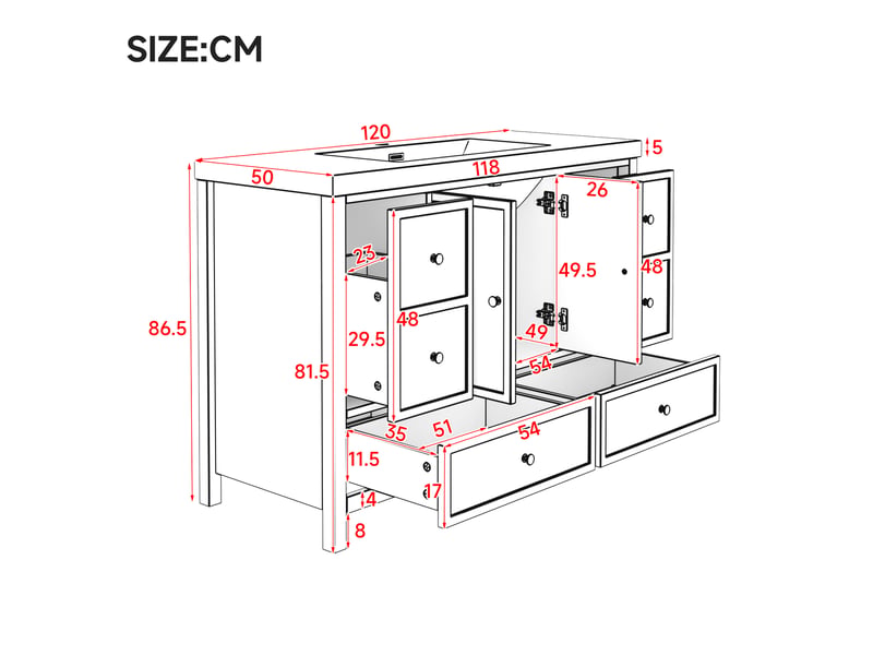  Vasque de salle de bain blanche 120x50x86.5 cm avec quatre tiroirs silencieux portes doubles soft-close et lavabo en résine intégré  - Conforama C