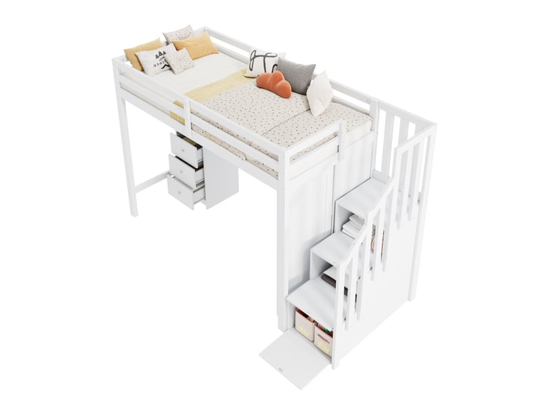  Lit mezzanine enfant 90x200 cm avec bureau, armoire et escalier de rangement, bois et mdf, blanc, sans matelas  - Conforama E