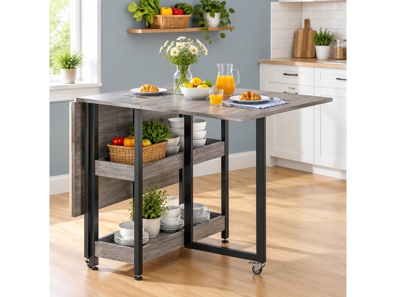 Table à manger pliante mobile 133,4 x 80 cm avec 2 rangements ouverts, grise - Conforama B