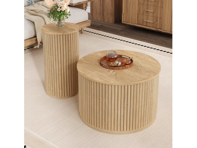  Lot de 2 tables basses rondes en mdf, coloris naturel  - Conforama C