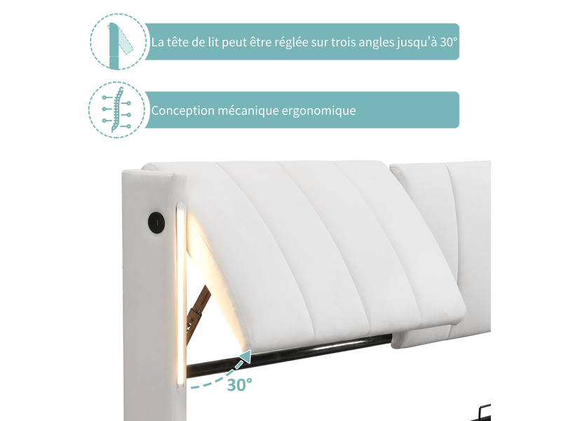  Lit coffre 140x190 double avec led et port usb - tête réglable pu blanc  - Conforama R