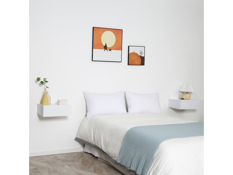  Ensemble de 2 tables de chevet suspendues avec 1 tiroir, fixation murale, style moderne pour chambre, 40 x 30 x 15 cm, blanc  - Conforama C