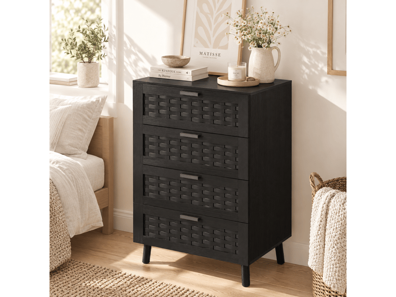  Commode en rotin à 4 tiroirs, meuble de rangement avec système anti-basculement, poignées et pieds, commode en bois pour chambre, bureau, 55x40x95 cm  - Conforama R