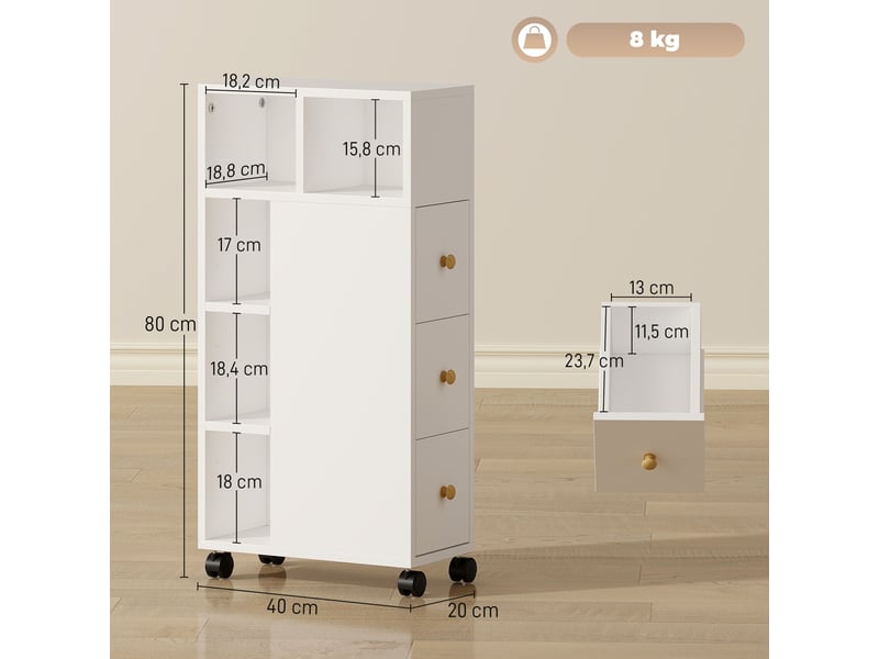  Meuble de salle de bain à roulettes, meuble de rangement étroit, 3 tiroirs, 5 compartiments ouverts, blanc,  20x40x80cm  - Conforama C