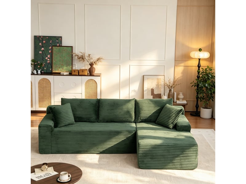  Canapé d’angle, velours côtelé modulable, mousse, droite, salonchambre, 79x239x156 cm, vert  - Conforama D