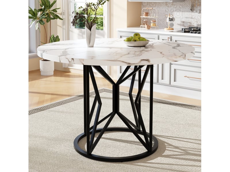  Table ronde, 100x100x76 cm, avec pieds métalliques style géométrique motif marbre, pratique, mdf, coloris noir et blanc  - Conforama B