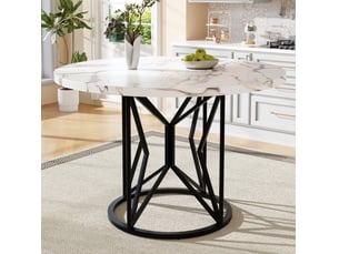Table ronde, 100x100x76 cm, avec pieds métalliques style géométrique motif marbre, pratique, mdf, coloris noir et blanc