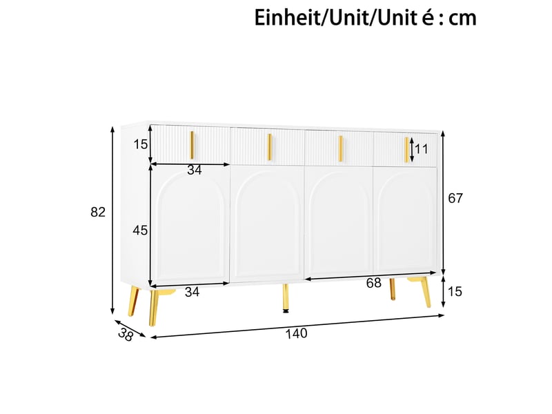  Buffet 4 portes et 4 tiroirs avec étagères réglables pour salon en mdf 140×38×82 cm blanc et doré  - Conforama E