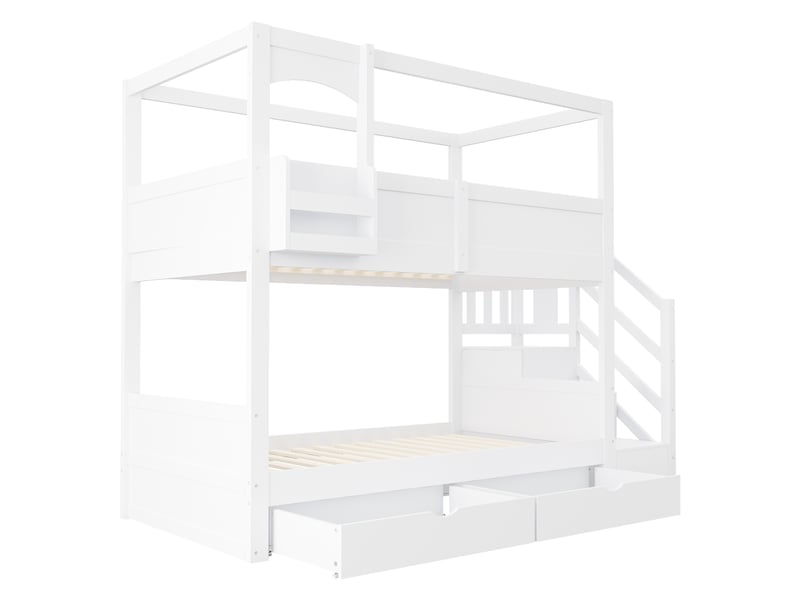 Lit superposé enfant 90x200 cm - lit superposé bois avec rangement, échelle et 2 tiroirs - design maison - blanc - Conforama W