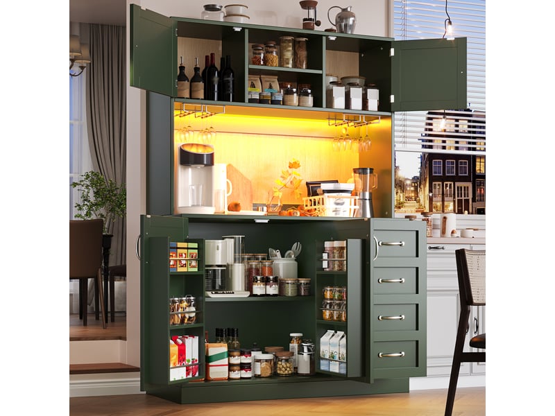  Armoire de cuisine, 120 x 40 x 188 cm, avec 4 portes, avec éclairage led, coloris vert et noir et blanc, solution de rangement fonctionnelle  - Conforama E