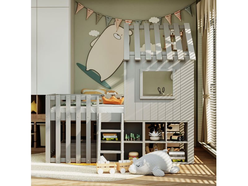  Modenvie lit cabane enfant 90x200 cm - avec rangement modulable, toit et fenetres, sans matelas - gris  - Conforama E