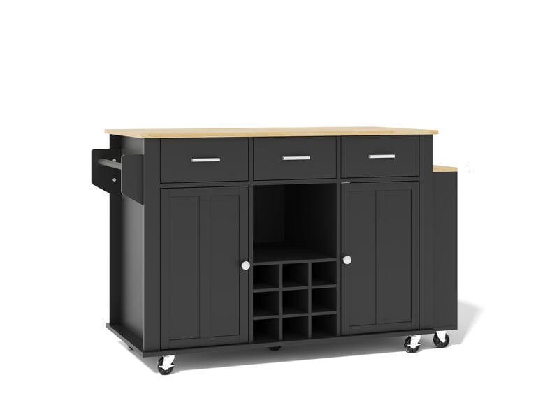  Îlot de cuisine mobile avec plateau extensible 136 à 223 x 50 x 93 cm, 3 tiroirs, prises usb, 7 roulettes, noir et naturel  - Conforama A