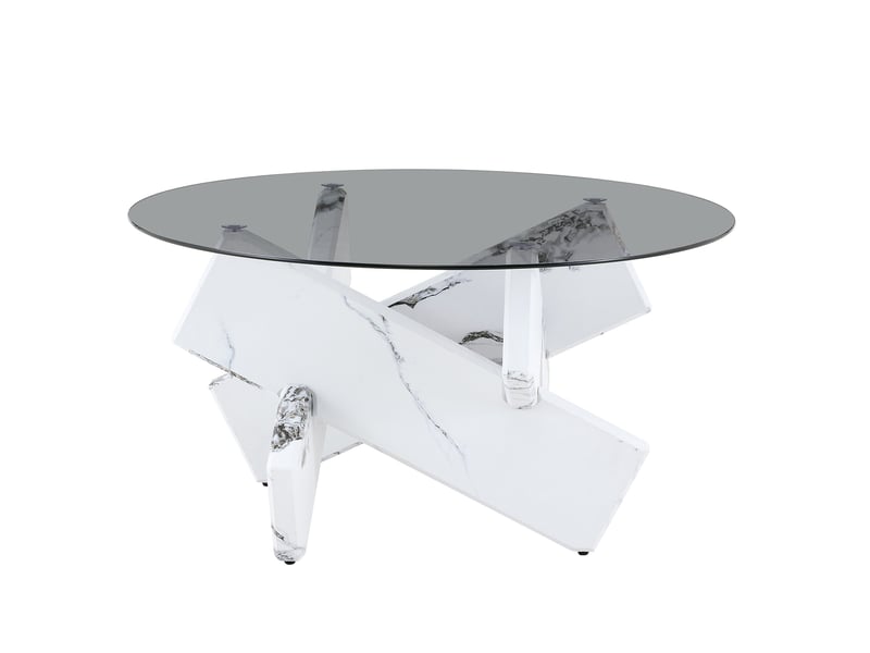  Table basse ronde en verre trempé avec piètement géométrique en mdf blanc  - Conforama A
