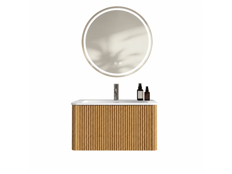  Ensemble meuble vasque suspendu 80 cm avec miroir rond led, finition chêne  - Conforama A