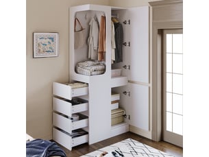 Armoire avec niche penderie ouverte, 2 portes et 4 tiroirs latéraux, 70 × 40 × 170 cm, blanche