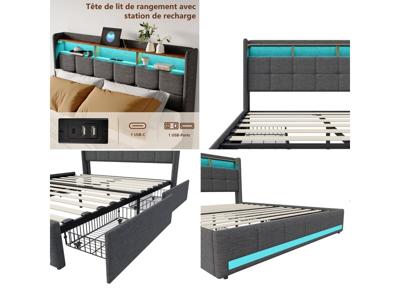  Lit double adulte 180x200 cm avec 4 tiroirs et led rgb, king size, tête de lit avec étagère et ports usb, lit capitonné en lin, girs  - Conforama D