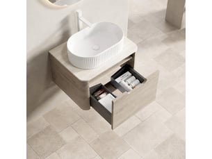 Meuble vasque suspendu 60 cm avec vasque ovale blanche en céramique et plan effet travertin