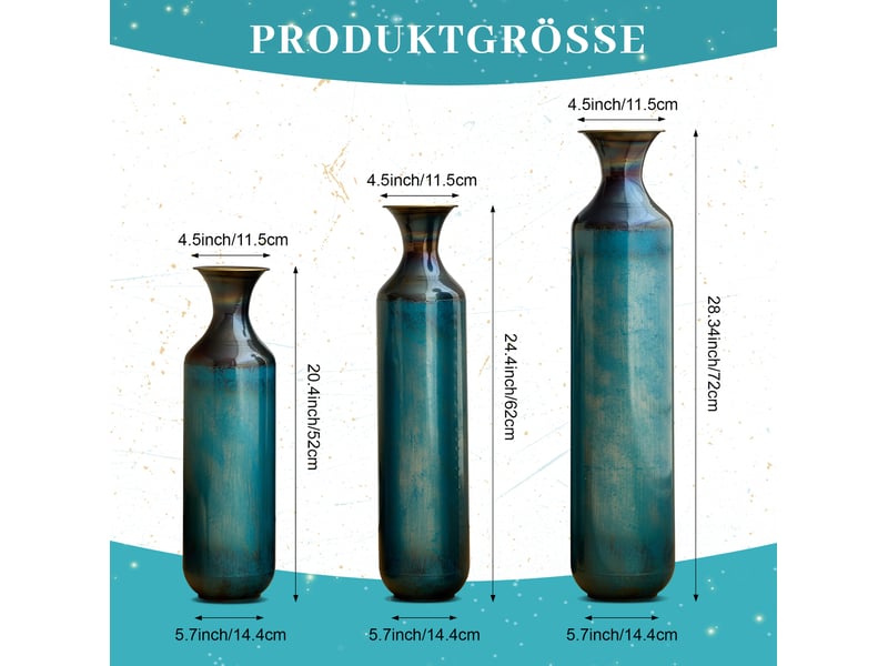  Vase décorative en métal faite main, hauteurs 526272 cm – bleu vert patiné – plantes sèches, non étanche  - Conforama B