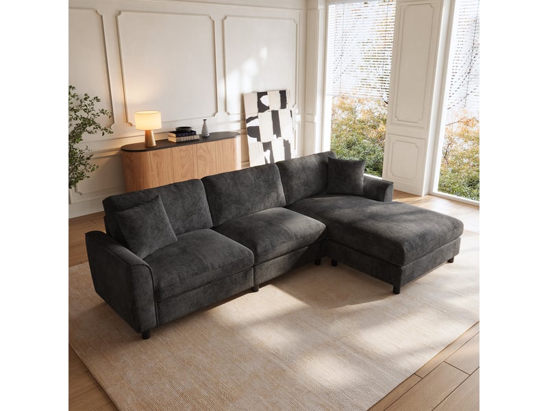  Canapé d’angle modulable en l 256 cm 3 places avec méridienne réversible extra-large 90 cm, accoudoirs courbés, ressorts ensachés, chenille gris  - Conforama B