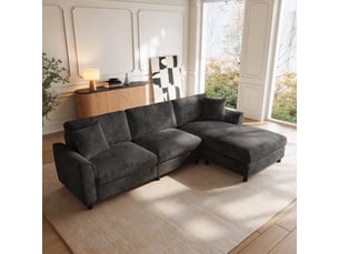 Canapé d’angle modulable en l 256 cm 3 places avec méridienne réversible extra-large 90 cm, accoudoirs courbés, ressorts ensachés, chenille gris