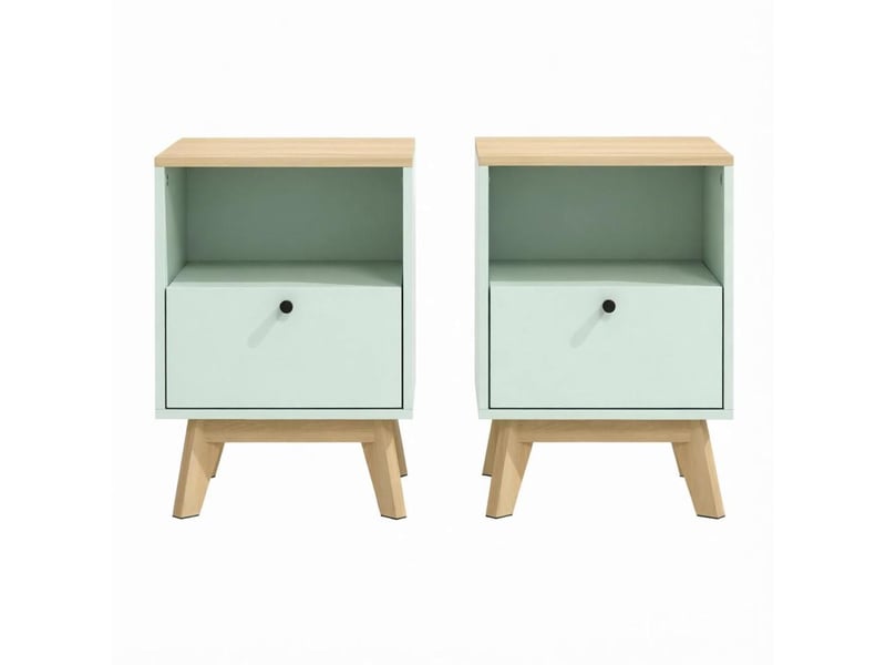 Table de chevet lot de 2 avec 2 tiroirs et 2 niches ouvertes, finition mélaminée vert clair effet chêne 40 × 40 × 55 cm - Conforama A