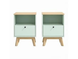 Table de chevet lot de 2 avec 2 tiroirs et 2 niches ouvertes, finition mélaminée vert clair effet chêne 40 × 40 × 55 cm