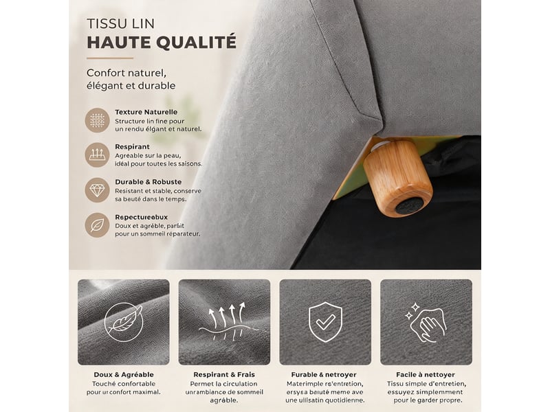  Lit coffre 90 x 200 cm - rangement hydraulique - sommier à lattes - tête de lit rembourrée - lin gris  - Conforama E